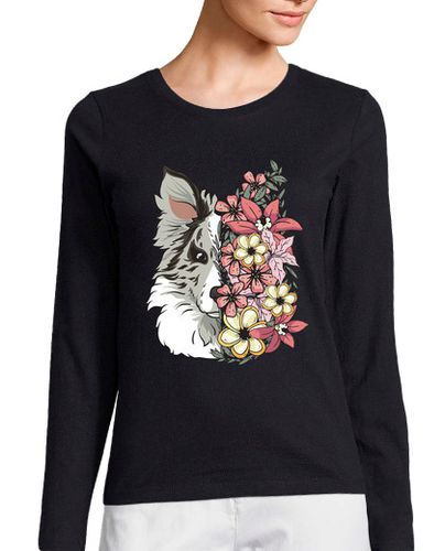 Camiseta Mujer Manga Larga border collie blue merle con flores laTostadora - latostadora.com - Modalova