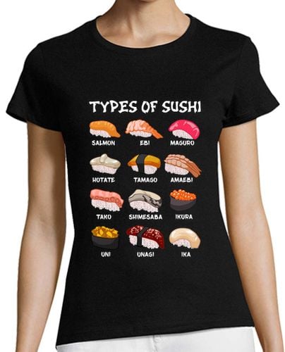 Camiseta Mujer Manga Corta Tipos de Sushi Comida Japonesa Kawaii Japon Anime Otaku Manga En Inglés laTostadora - latostadora.com - Modalova