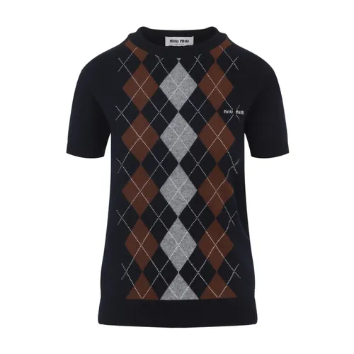 Blue Cashmere Pullover with Argyle Pattern - Miu Miu - Modalova