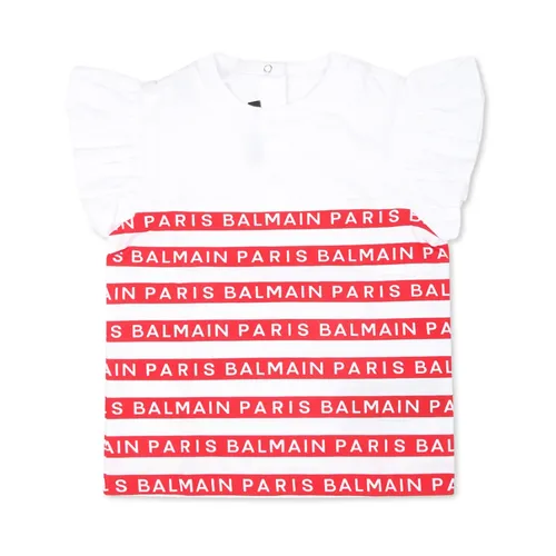 White Short Sleeves T-Shirt with Red Stripes - Balmain - Modalova