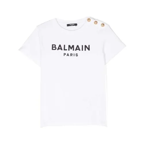 White Black Cotton T-shirt with Embroidered Logo - Balmain - Modalova