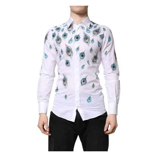White Cotton Feather Print Dress Shirt - Dolce & Gabbana - Modalova