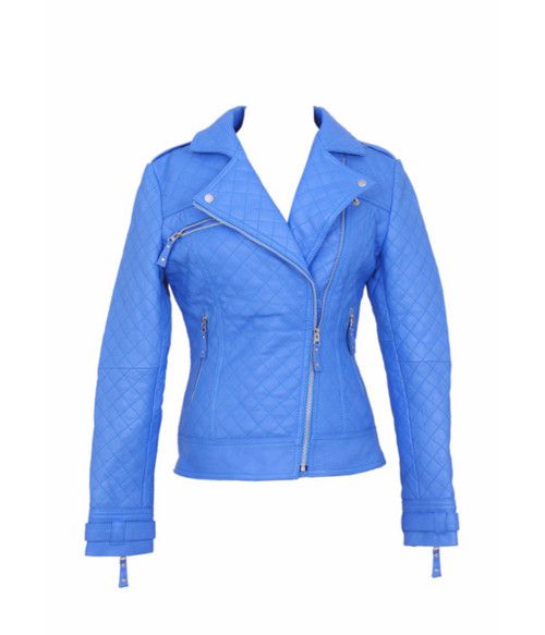 Women's Perfecto Quilted Blue Genuine Leather Jacket - Feather skin - Modalova