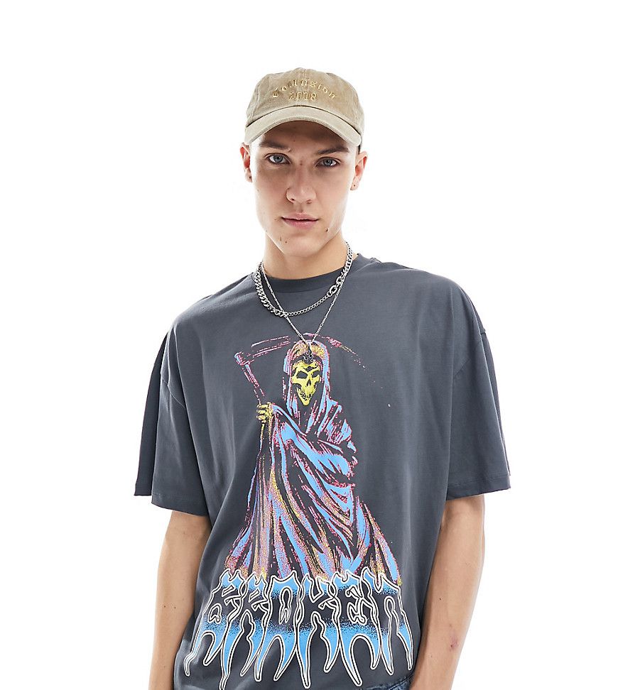 T-shirt oversize nero slavato con stampa "Grim Reaper" - Collusion - Modalova