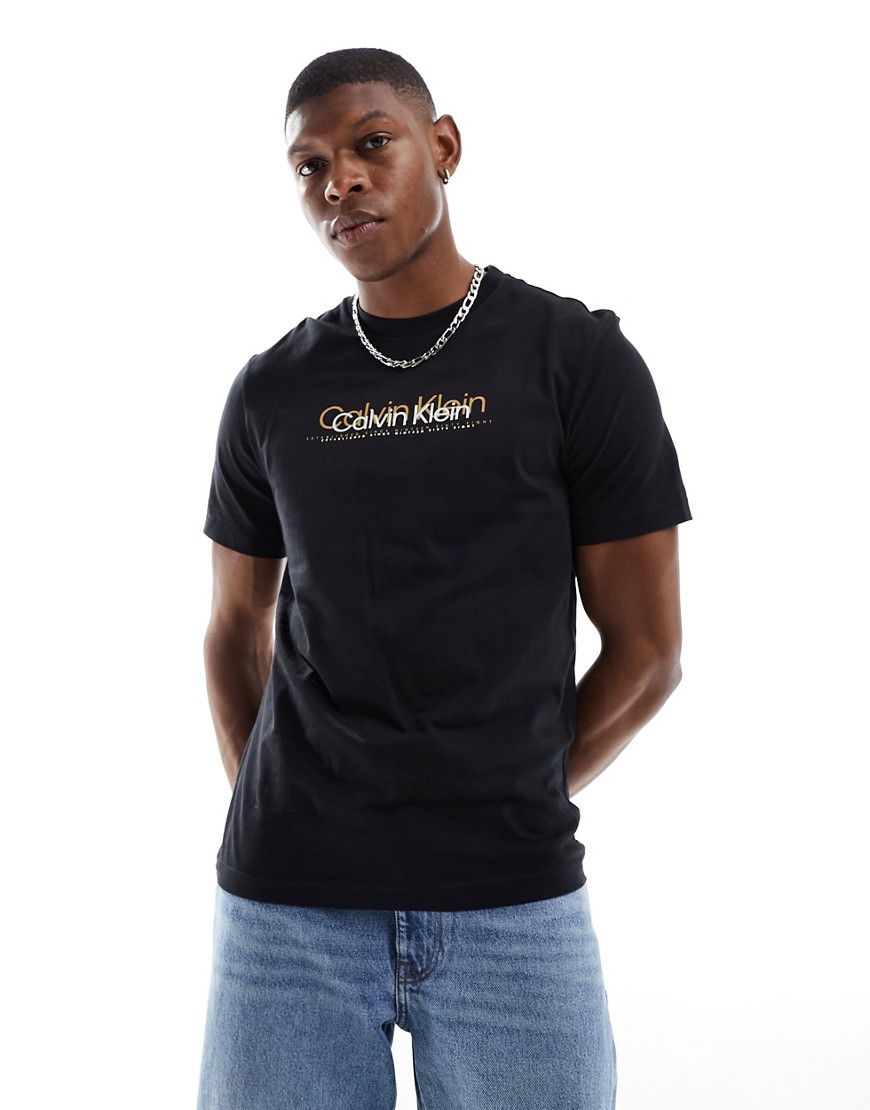 T-shirt nera con logo floccato doppio - Calvin Klein - Modalova