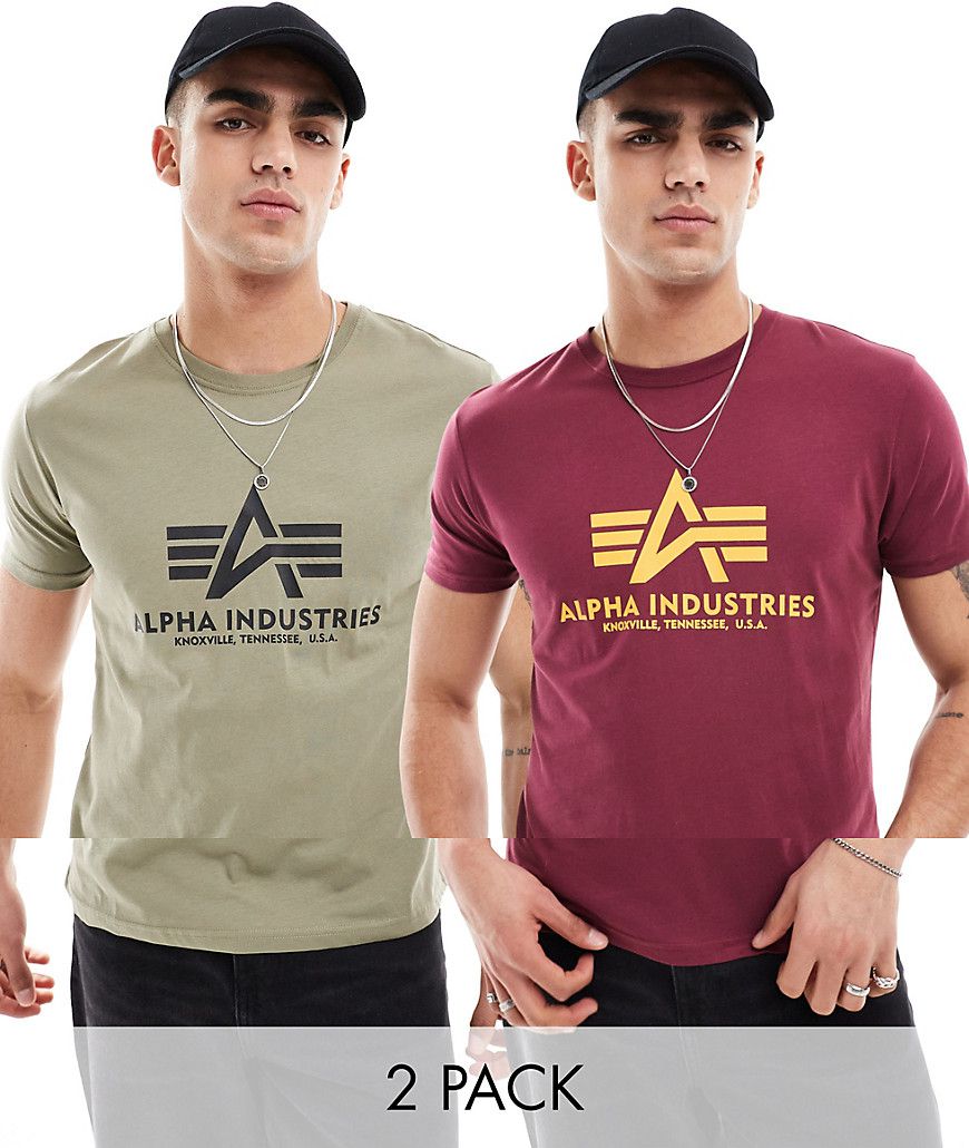 Alpha - Confezione da 2 t-shirt oliva e bordeaux con logo sul petto - Alpha Industries - Modalova