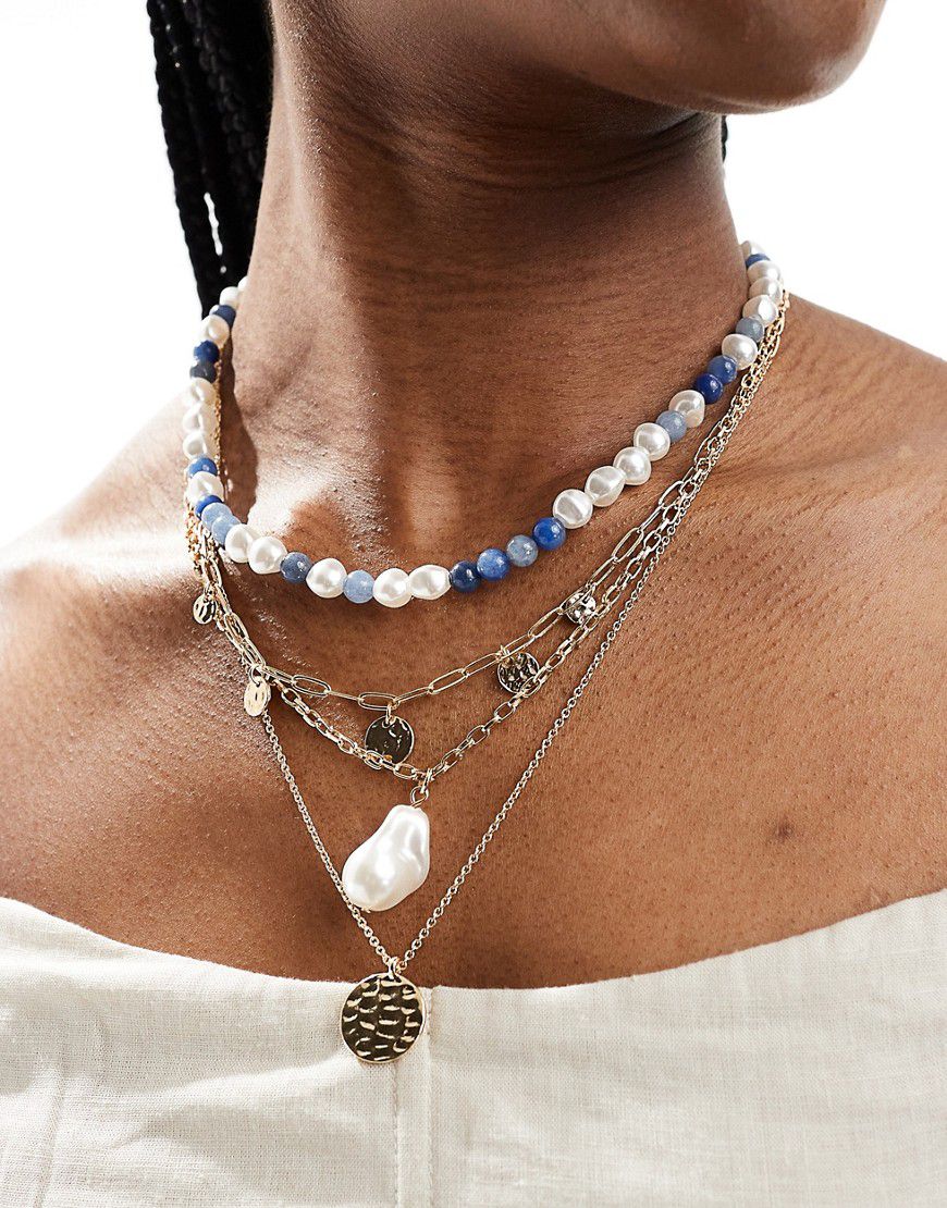 Confezione da 4 collane con perle sintetiche e pietre semipreziose blu - ASOS DESIGN - Modalova