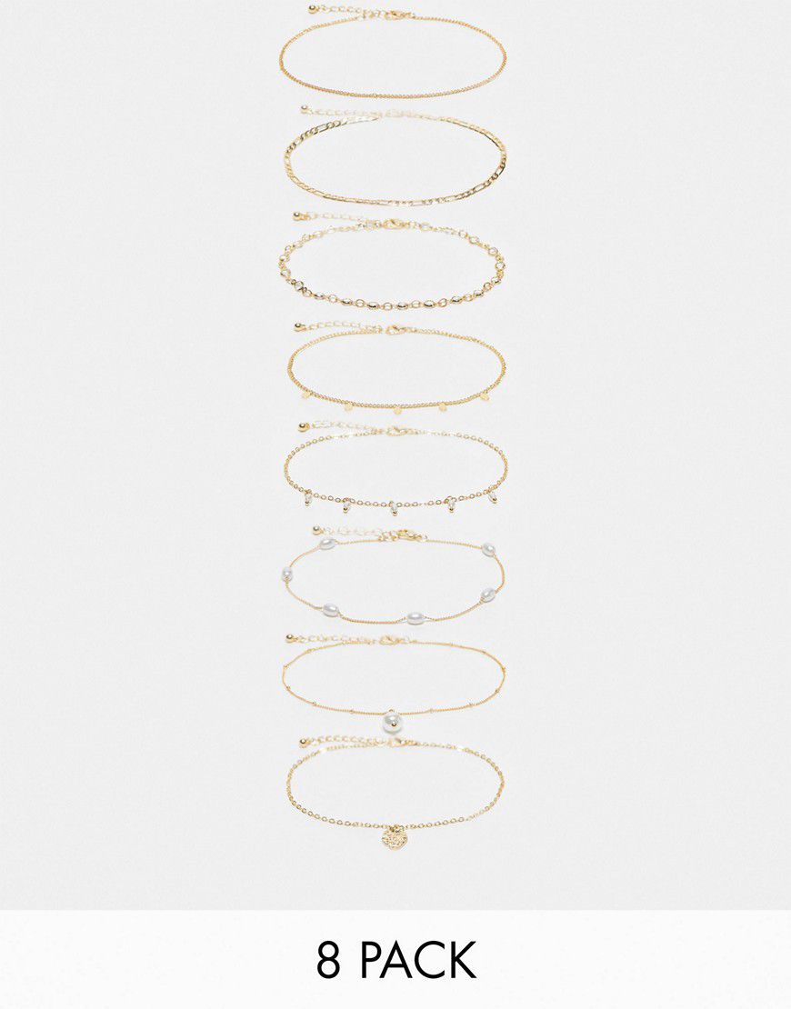 Confezione da 8 cavigliere a catenina miste dorate con perle sintetiche - ASOS DESIGN - Modalova