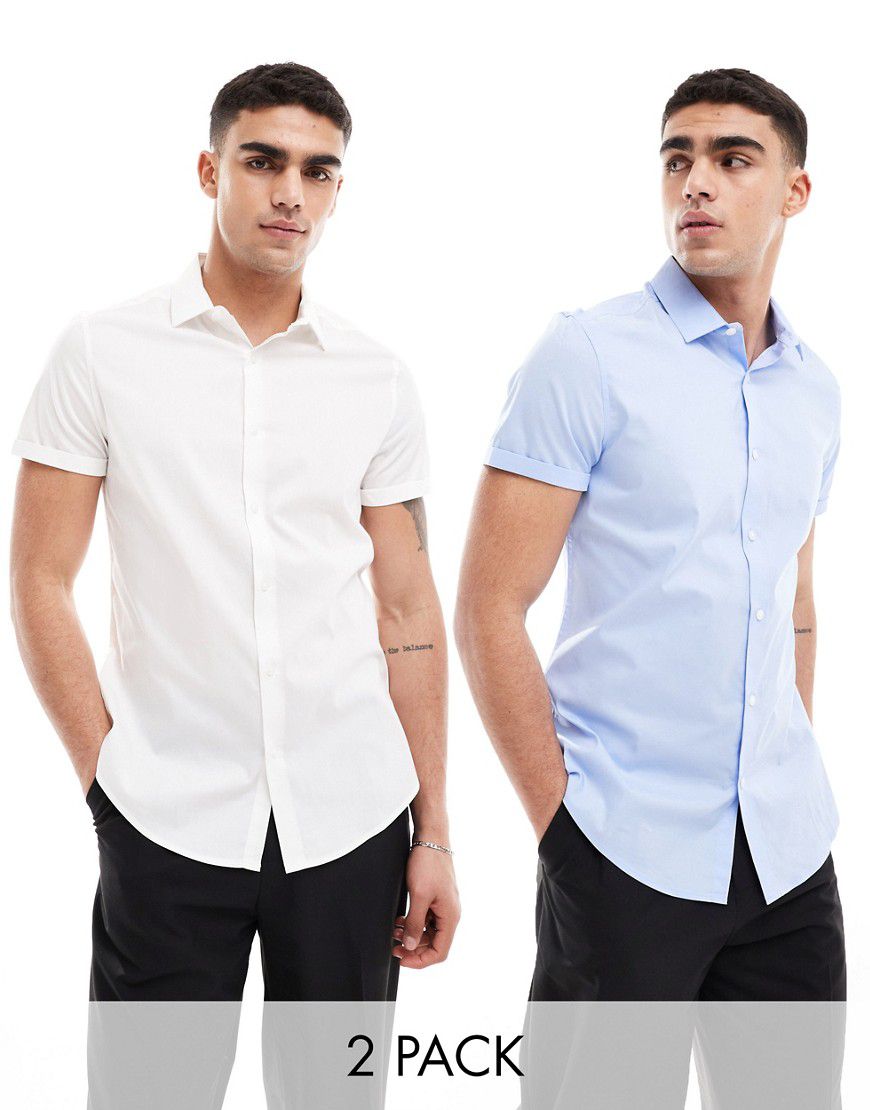 Confezione da 2 camicie slim fit elasticizzate casual bianca e blu - ASOS DESIGN - Modalova