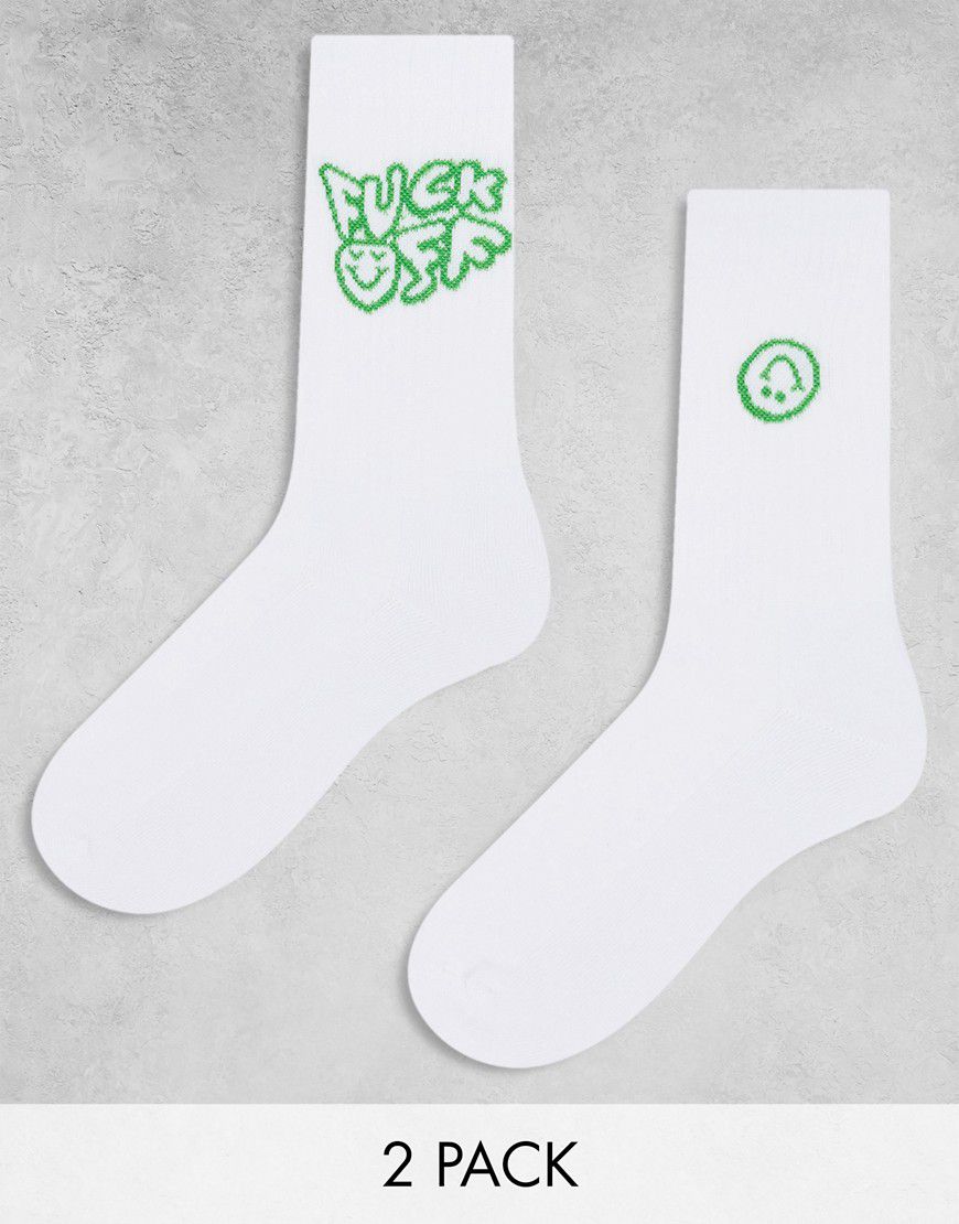Confezione da 2 paia di calzini bianchi con scritta "Fuck Off" - ASOS DESIGN - Modalova
