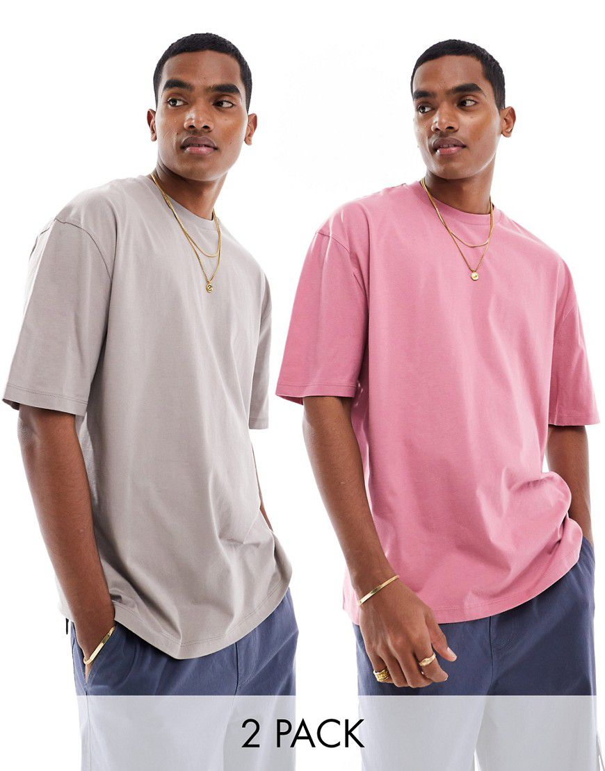 Confezione da 2 T-Shirt oversize rosa polvere e marrone - ASOS DESIGN - Modalova