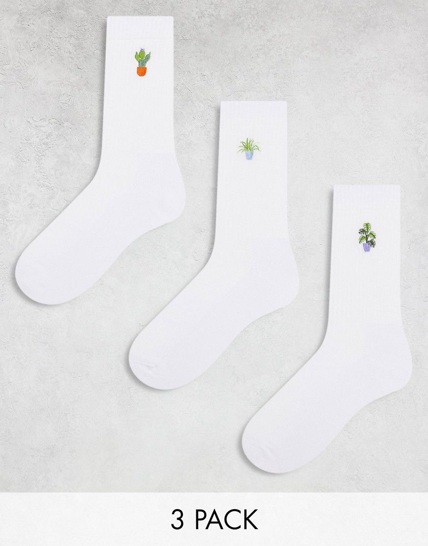 Confezione da 3 paia di calzini alla caviglia bianchi con ricami di piante domestiche - ASOS DESIGN - Modalova