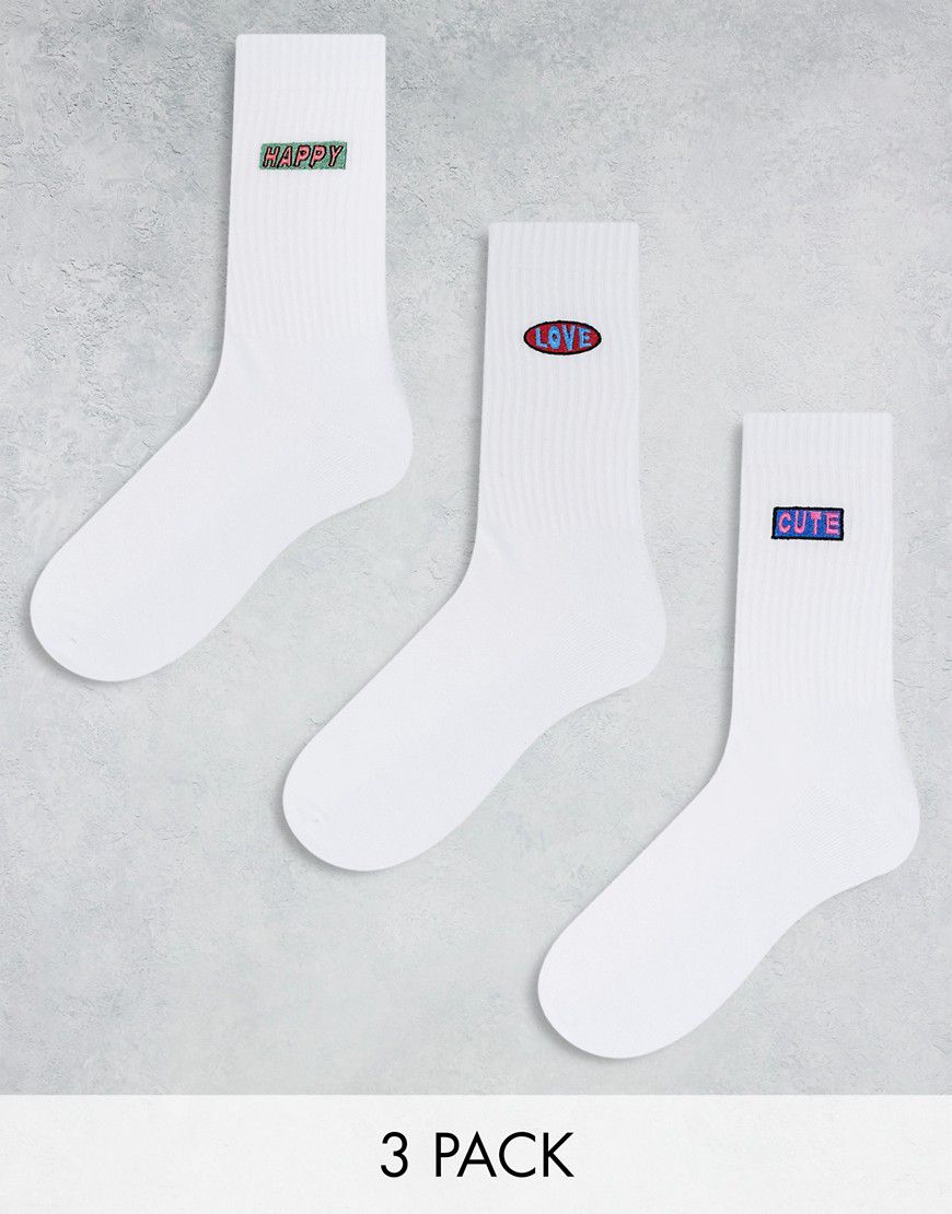 Confezione da 3 paia di calzini bianchi con ricami Love - ASOS DESIGN - Modalova