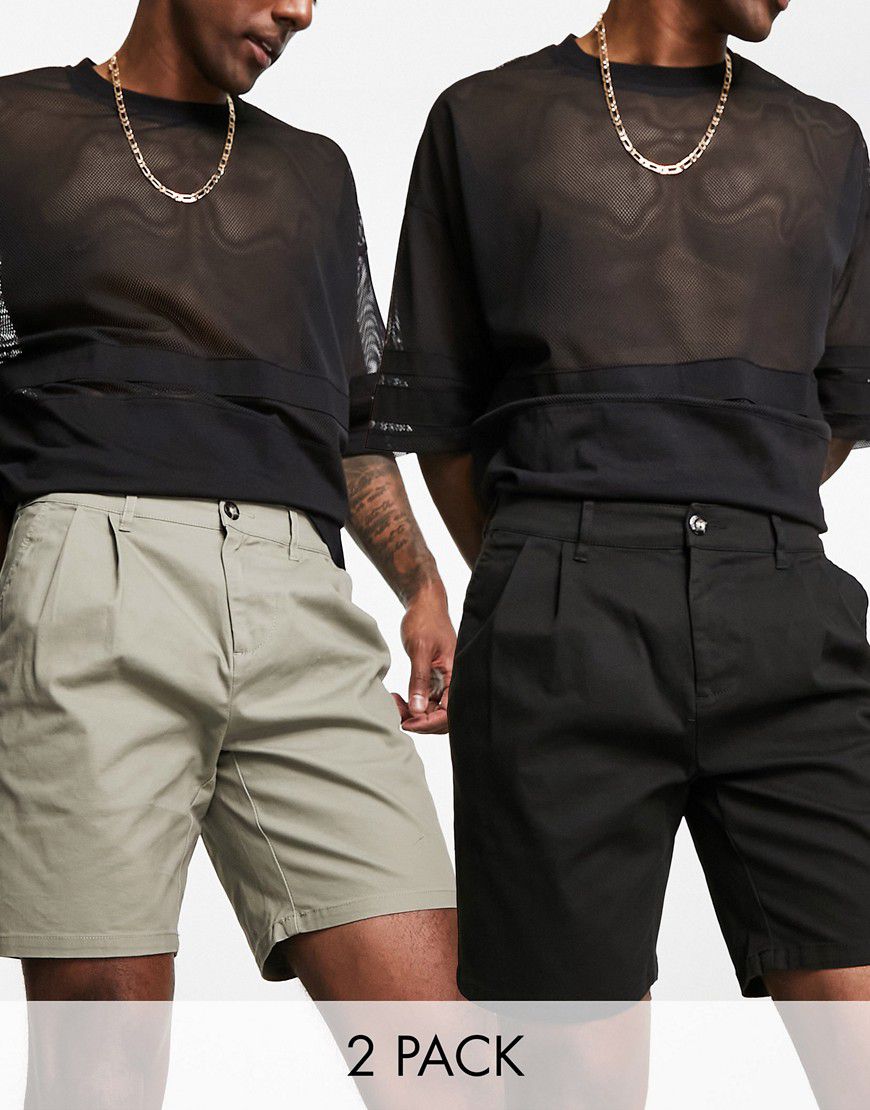 Confezione multipack da 2 pantaloncini chino a pieghe neri e kaki taglio medio - Risparmia - ASOS DESIGN - Modalova