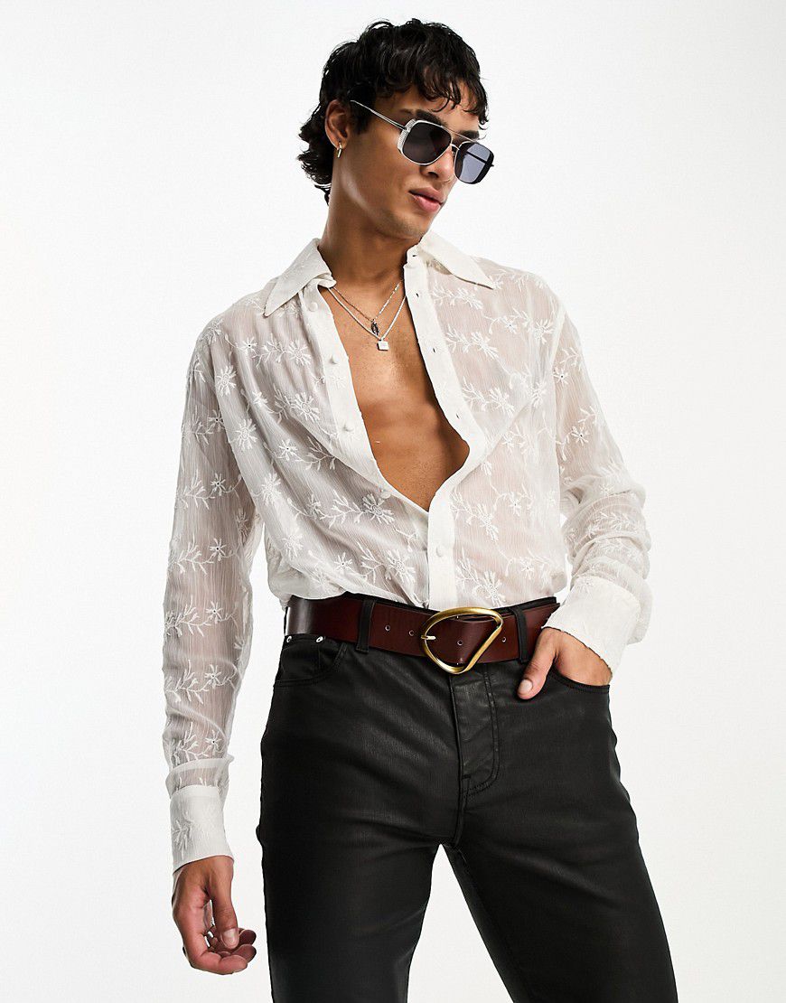 Camicia taglio lungo trasparente bianca ricamata con colletto stile anni '70 - ASOS DESIGN - Modalova