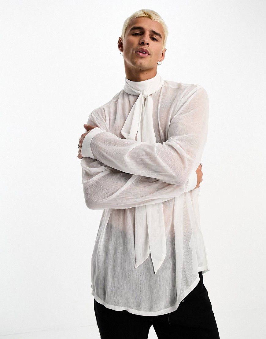 Camicia comoda a maniche lunghe bianca in crêpe trasparente accollata con fiocco - ASOS DESIGN - Modalova
