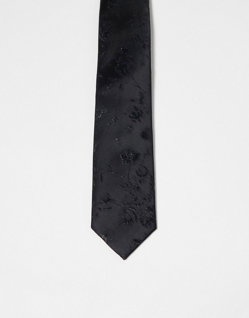 Cravatta sottile in raso nera con motivo - ASOS DESIGN - Modalova