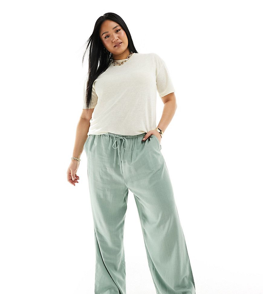Curve - Pantaloni a fondo ampio verdi in misto lino - ASOS DESIGN - Modalova