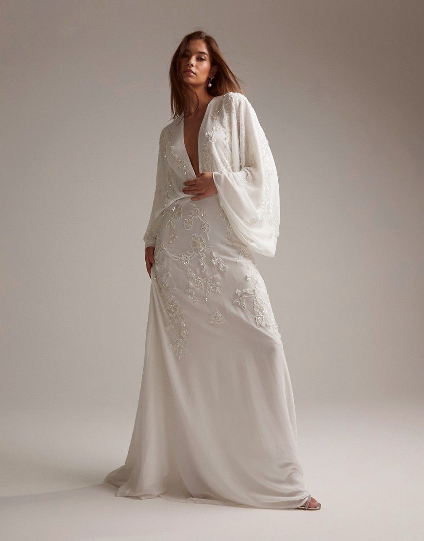 Lisa - Vestito da sposa con decorazione floreale, scollo profondo e maniche drappeggiate - ASOS DESIGN - Modalova