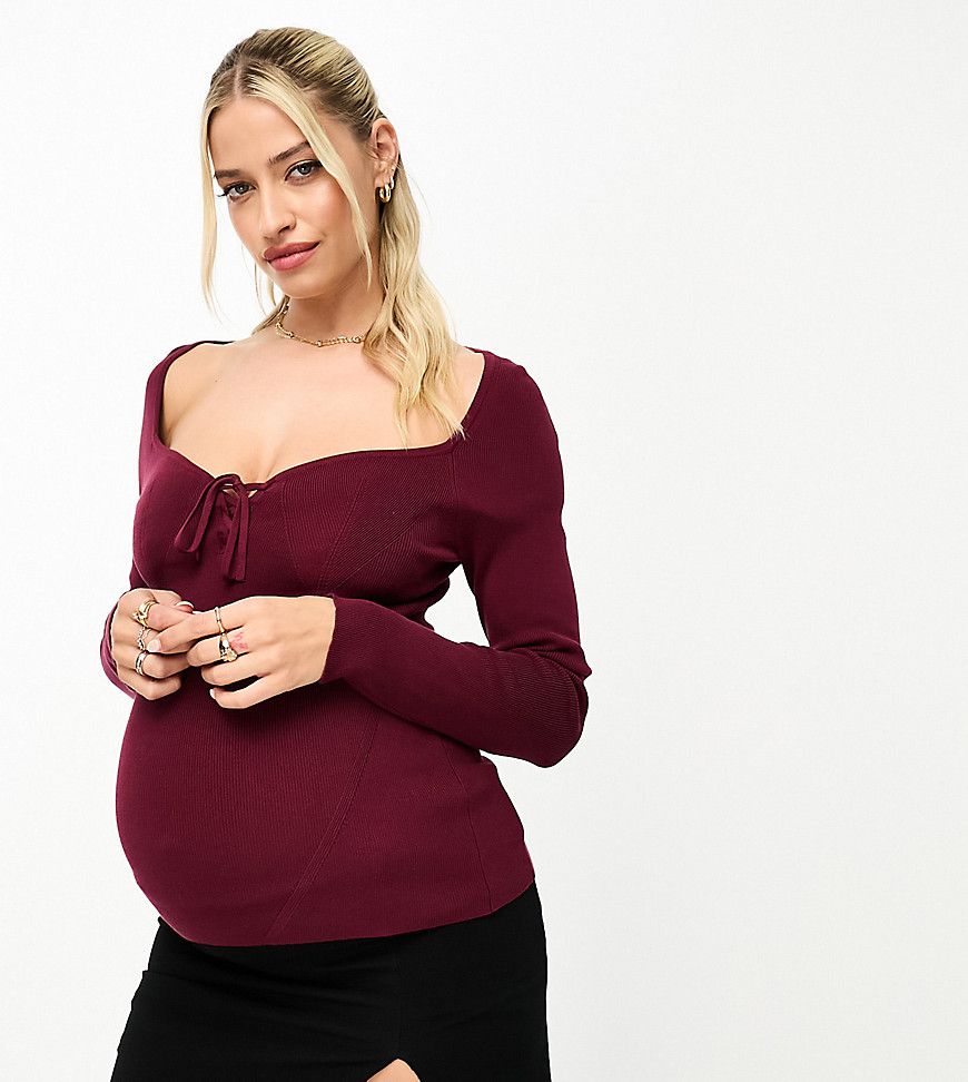 ASOS DESIGN Maternity - Top in maglia con scollo a cuore e laccetti sul davanti scuro - ASOS Maternity - Modalova