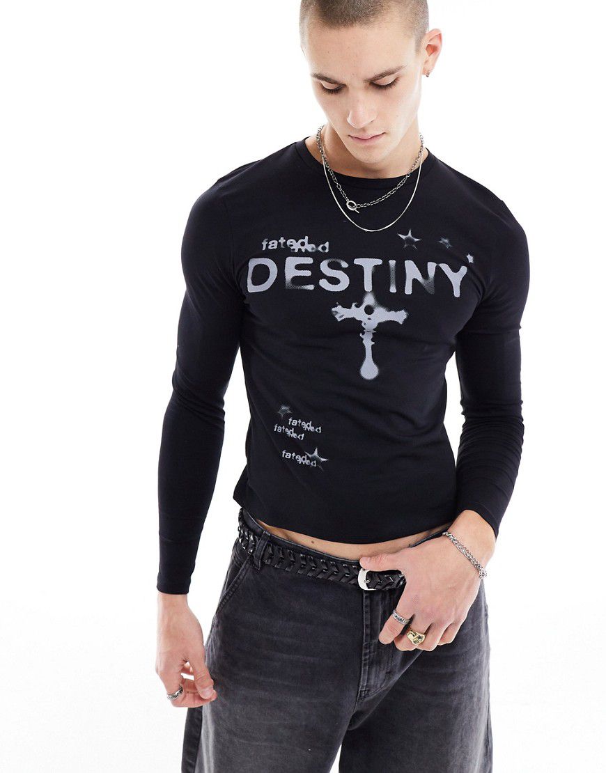 Maglietta a maniche lunghe attillata nera con stampa "Destiny" sul petto - ASOS DESIGN - Modalova