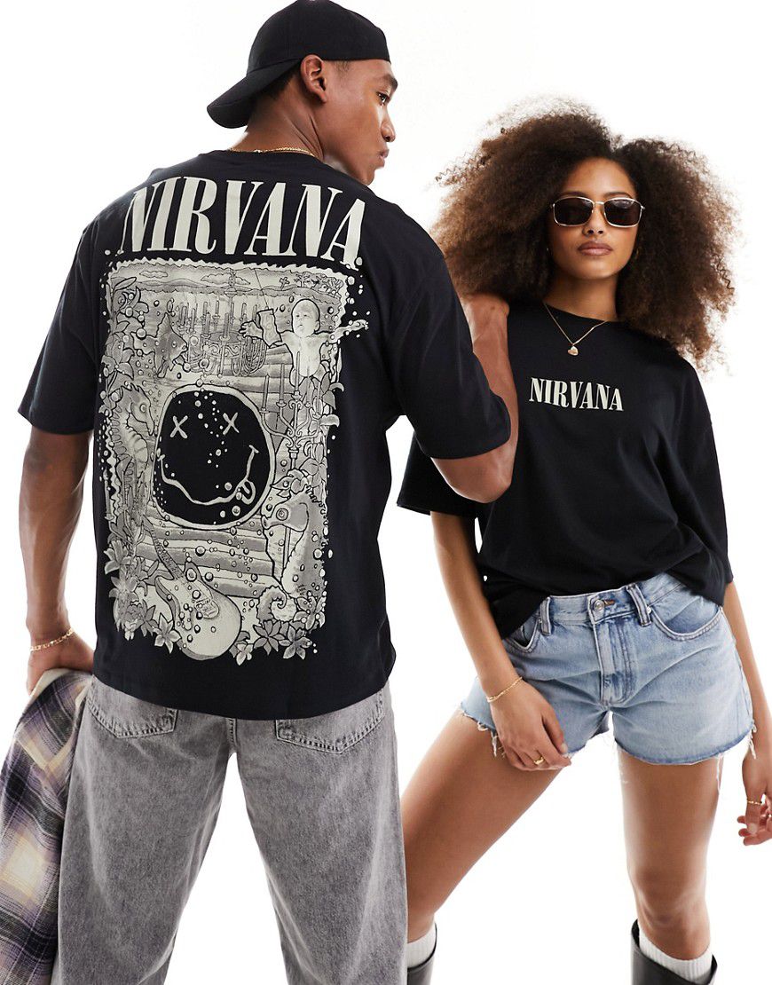 Maglietta unisex oversize nera con cappuccio e stampa dei Nirvana - ASOS DESIGN - Modalova