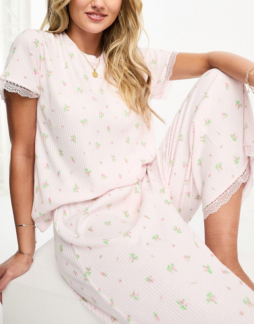 Mix & Match - T-shirt del pigiama a coste a fiori con inserti in pizzo - ASOS DESIGN - Modalova