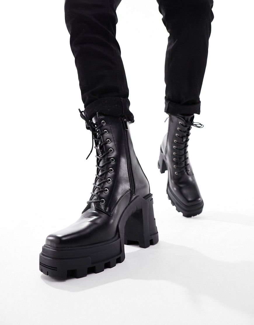 Stivali stringati con tacco in pelle sintetica nera con suola platform - ASOS DESIGN - Modalova