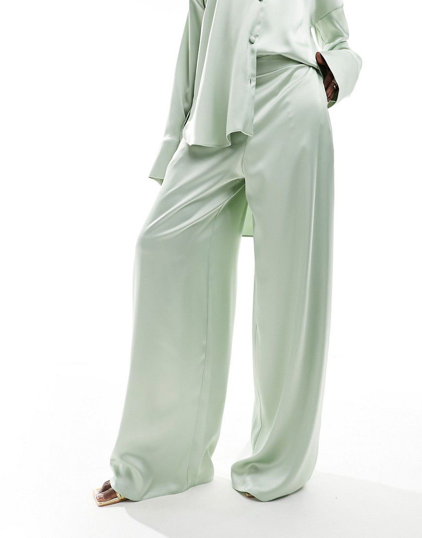 Pantaloni del pigiama a fondo ampio in raso color salvia in coordinato - ASOS DESIGN - Modalova