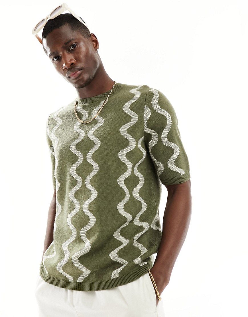 T-shirt girocollo in maglia testurizzata kaki con motivo ondulato - ASOS DESIGN - Modalova
