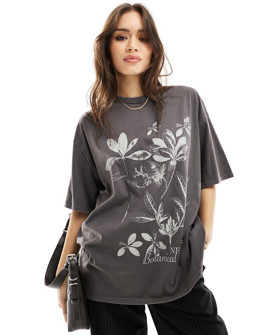 T-shirt oversize antracite slavato con grafica "NY Botanical" - ASOS DESIGN - Modalova