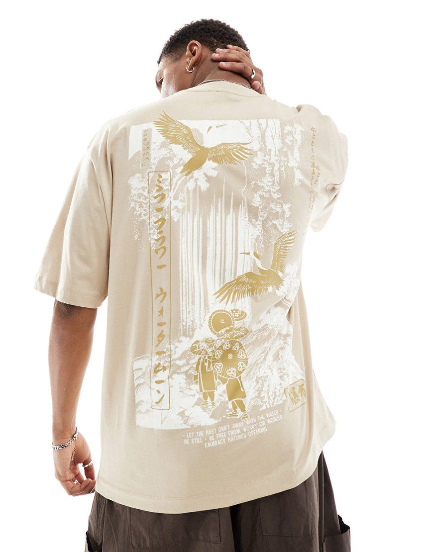 T-shirt oversize beige con stampa di montagne stile souvenir sul retro - ASOS DESIGN - Modalova