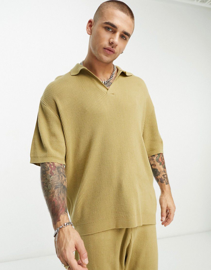 T-shirt oversize leggera color pietra a coste con intaglio sul collo in coordinato - ASOS DESIGN - Modalova