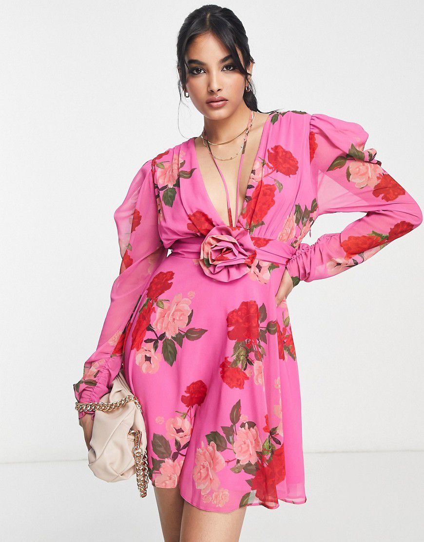 Vestito corto a maniche lunghe con lacci al collo e corpetto rosa con stampa floreale - ASOS DESIGN - Modalova