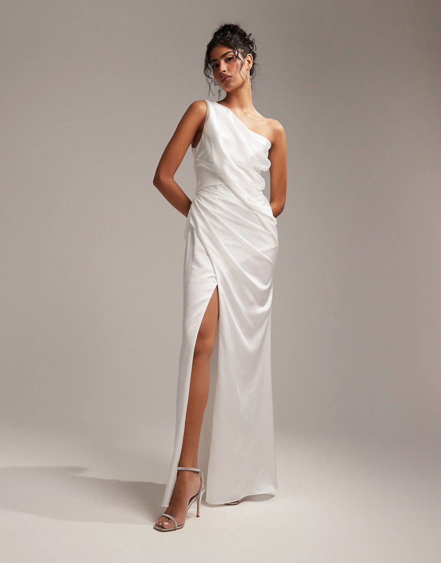 Vestito da sposa in raso avorio drappeggiato monospalla - ASOS DESIGN - Modalova