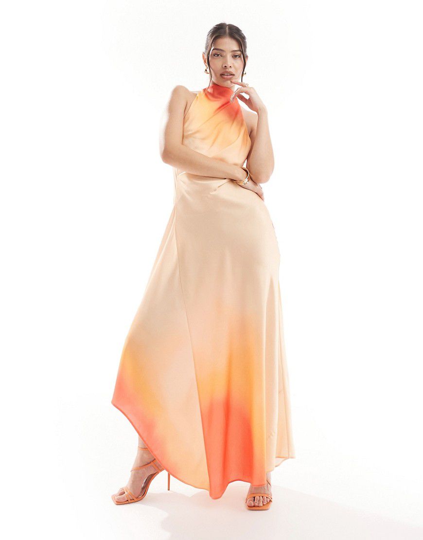 Vestito lungo accollato in raso arancione con stampa sfumata e schiena scoperta - ASOS DESIGN - Modalova