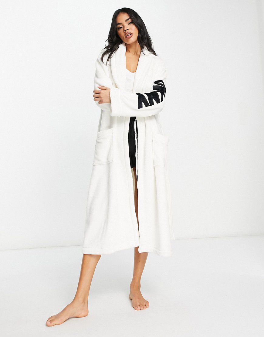 Vestaglia avvolgente lunga in comoda ciniglia avvolgente bianca con logo - DKNY - Modalova