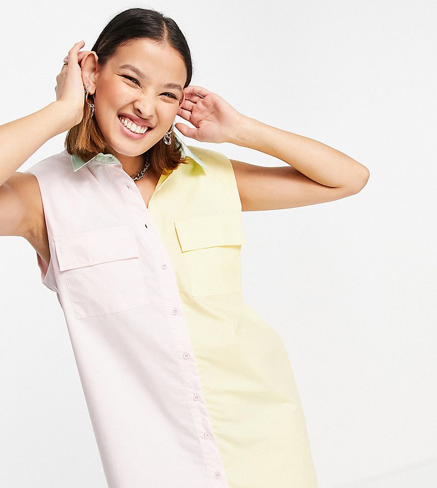 Esclusiva - Vestito camicia con spalline imbottite color block rosa e giallo - Noisy May - Modalova