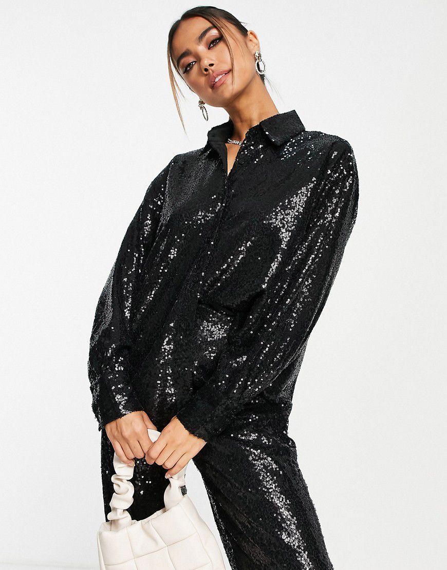Esclusiva Plus - Camicia oversize in paillettes nera in coordinato - In The Style - Modalova
