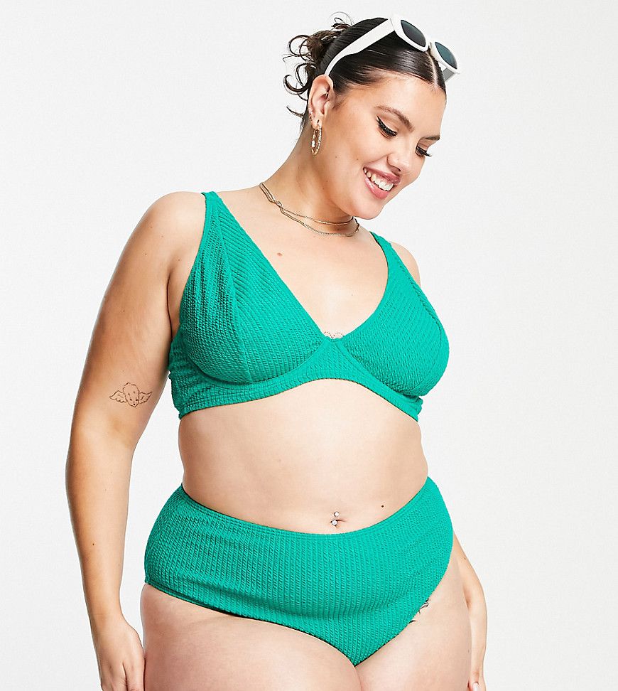 Esclusiva - Slip bikini a vita alta in tessuto testurizzato verde - Peek & Beau Curve - Modalova