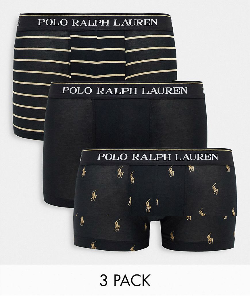 Esclusiva - Confezione da 3 paia di boxer aderenti neri e color cuoio a righe con stampa del cavallino - Polo Ralph Lauren - Modalova