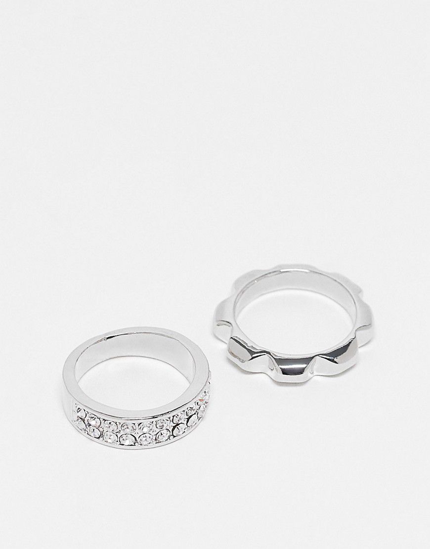 Confezione da 2 anelli argentati con cristalli e zigrinato - FADED FUTURE - Modalova