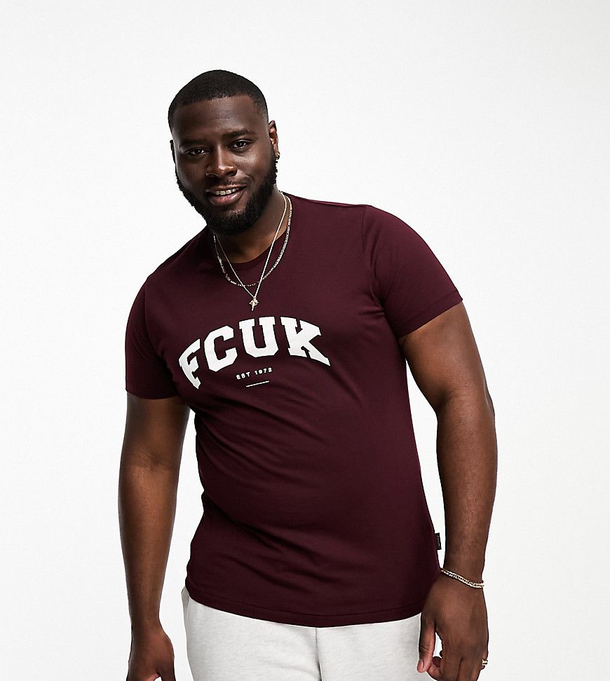 FCUK Plus - T-shirt bordeaux e bianca con logo stile college - French Connection - Modalova