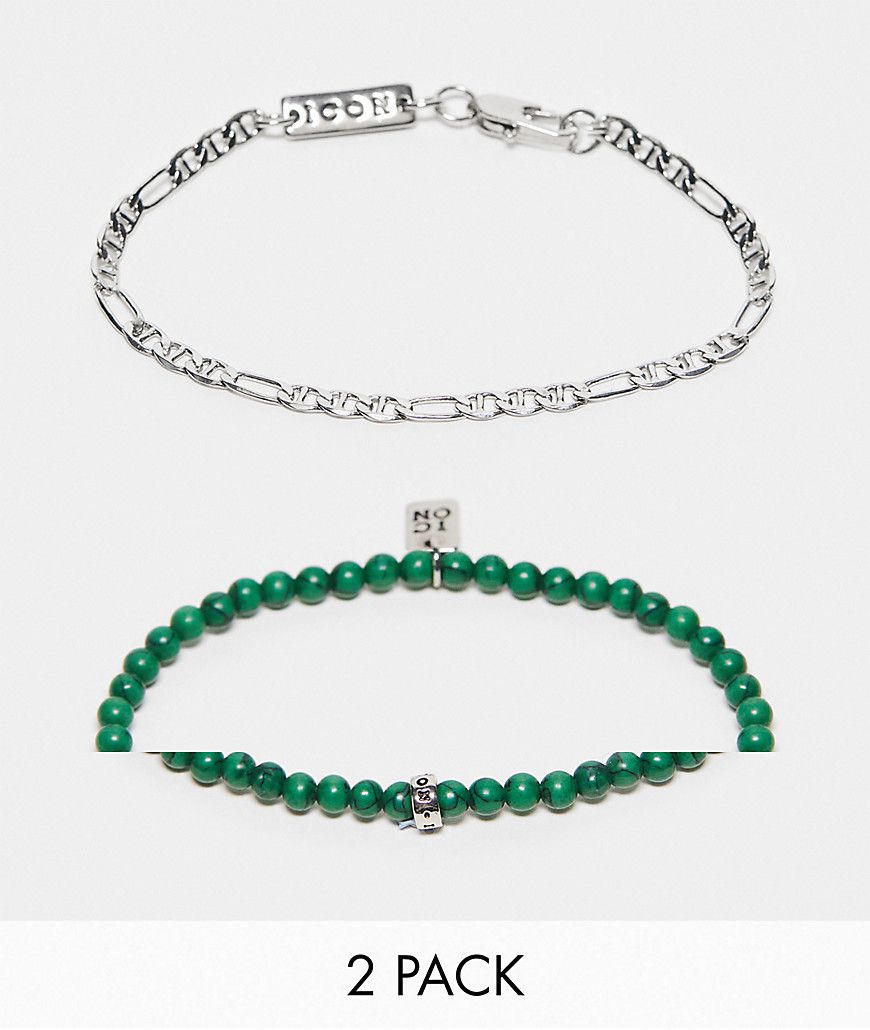 Confezione da 2 bracciali a catenina argentata e con perline verdi - Icon Brand - Modalova