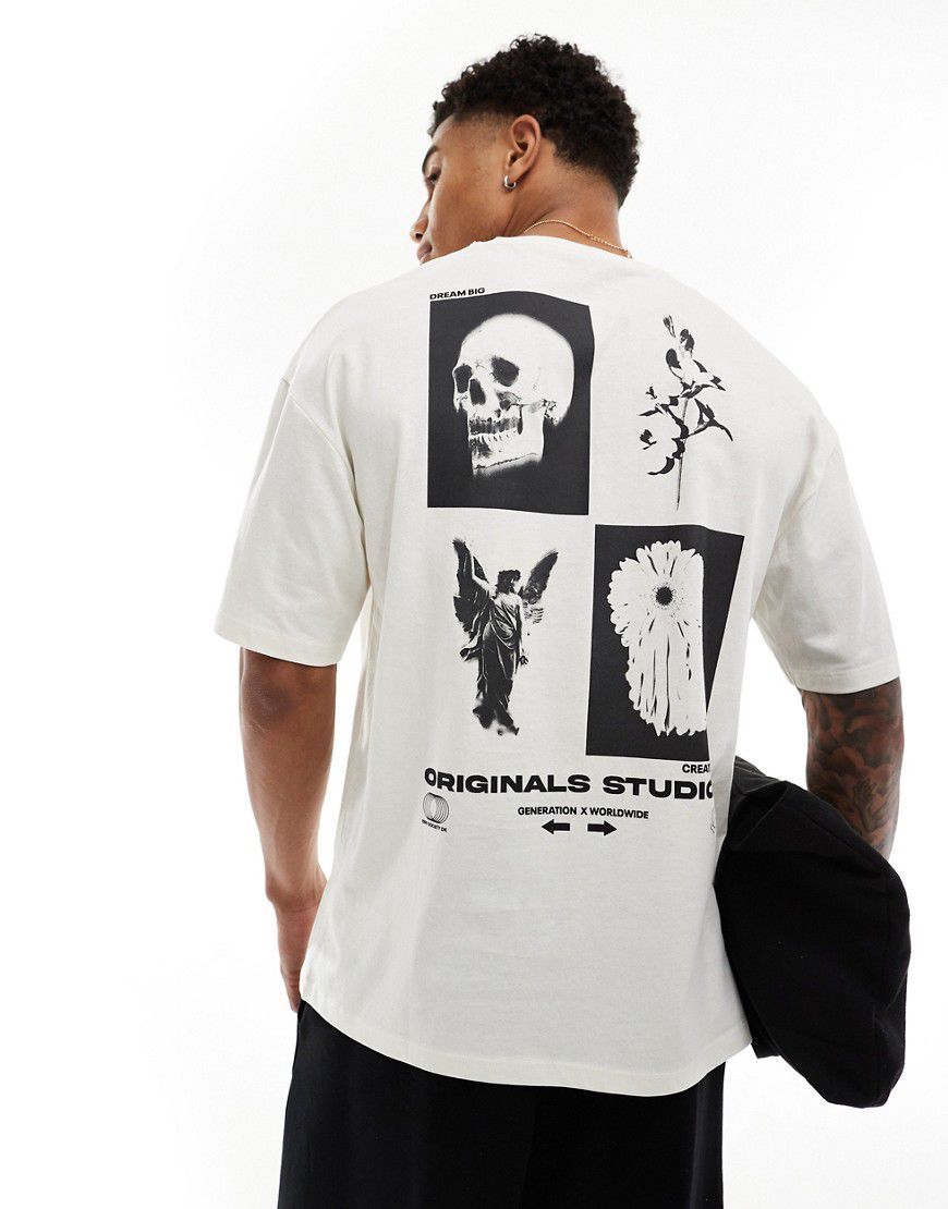 T-shirt oversize sporco con stampa di teschi sul retro - Jack & Jones - Modalova