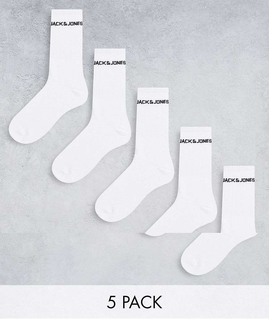 Confezione da 5 paia di calzini sportivi bianchi con logo - Jack & Jones - Modalova
