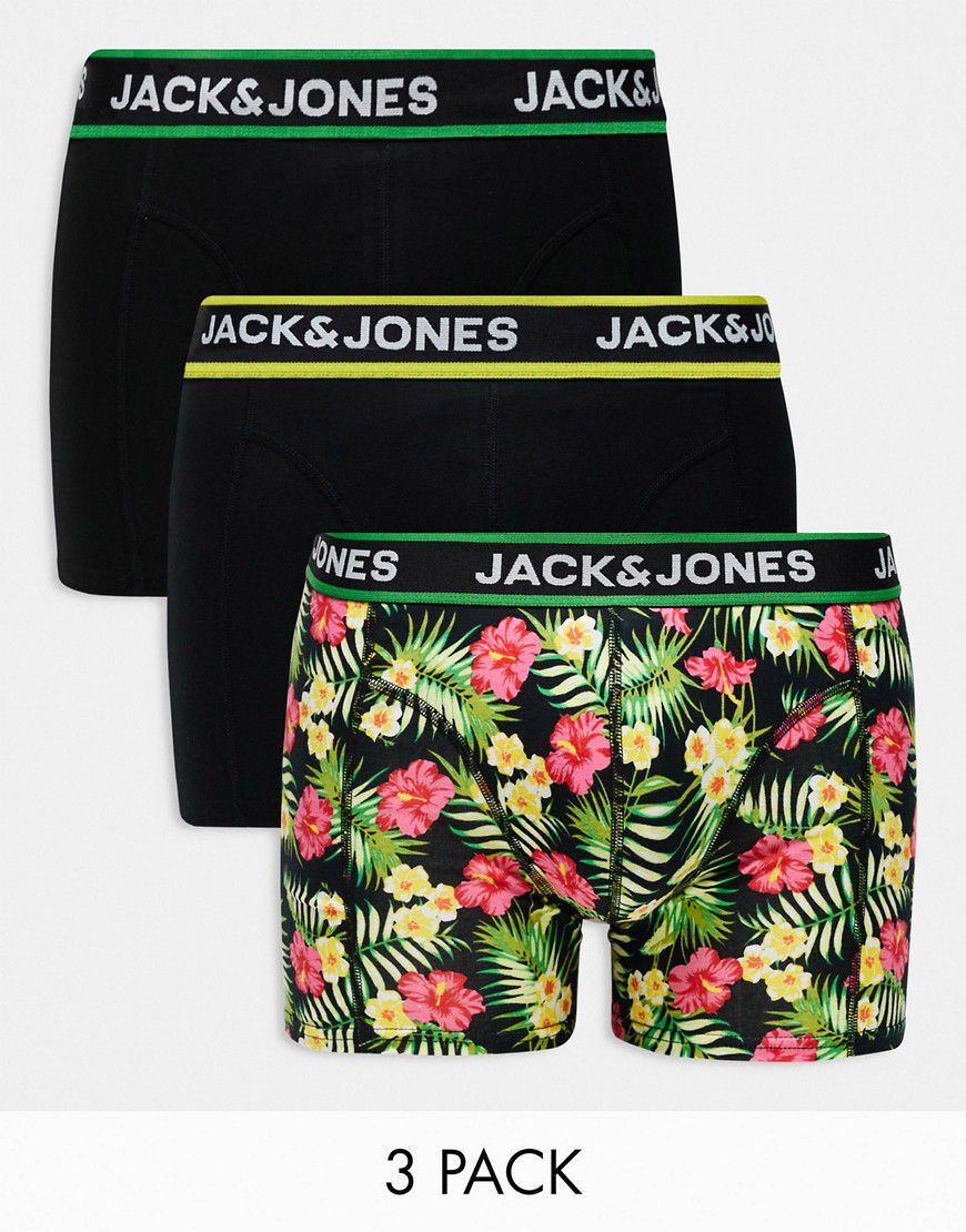 Confezione di 3 paia di boxer aderenti neri a fiori - Jack & Jones - Modalova