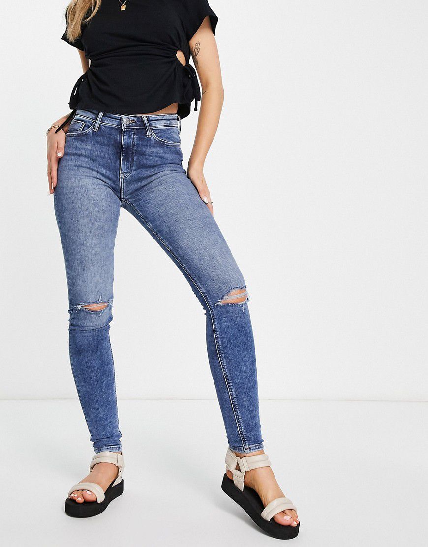 Jeans skinny a vita alta con dettagli effetto invecchiato sulle ginocchia lavaggio medio - ONLY - Modalova