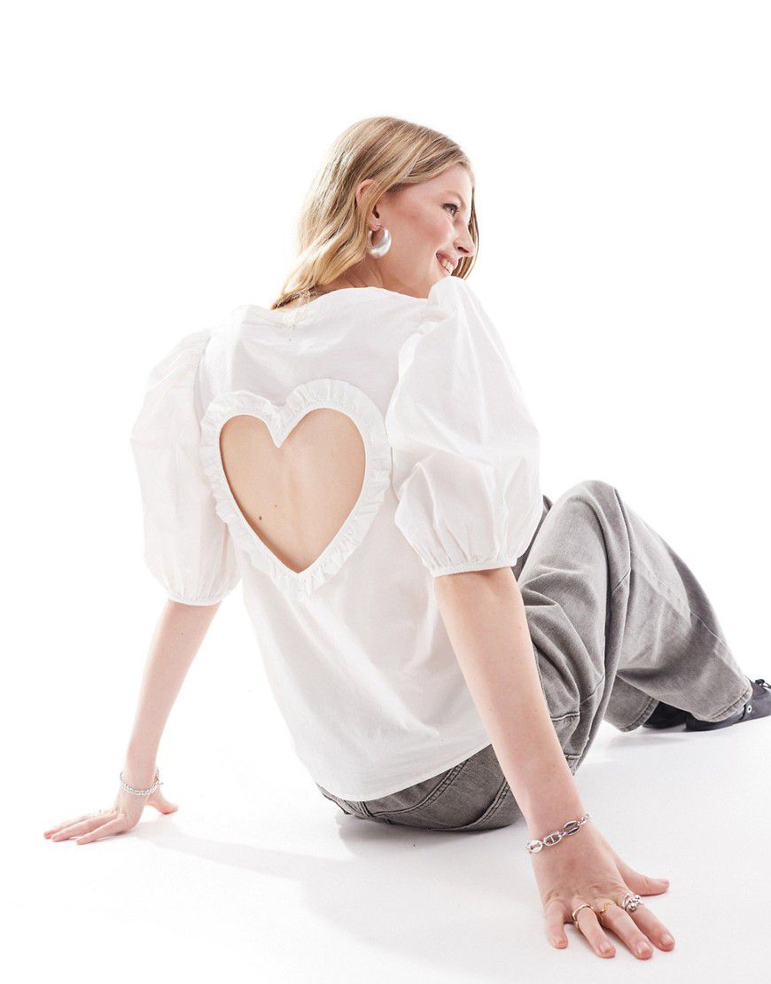 Blusa bianca con maniche corte voluminose, scollo a V e apertura a cuore sul retro - Monki - Modalova
