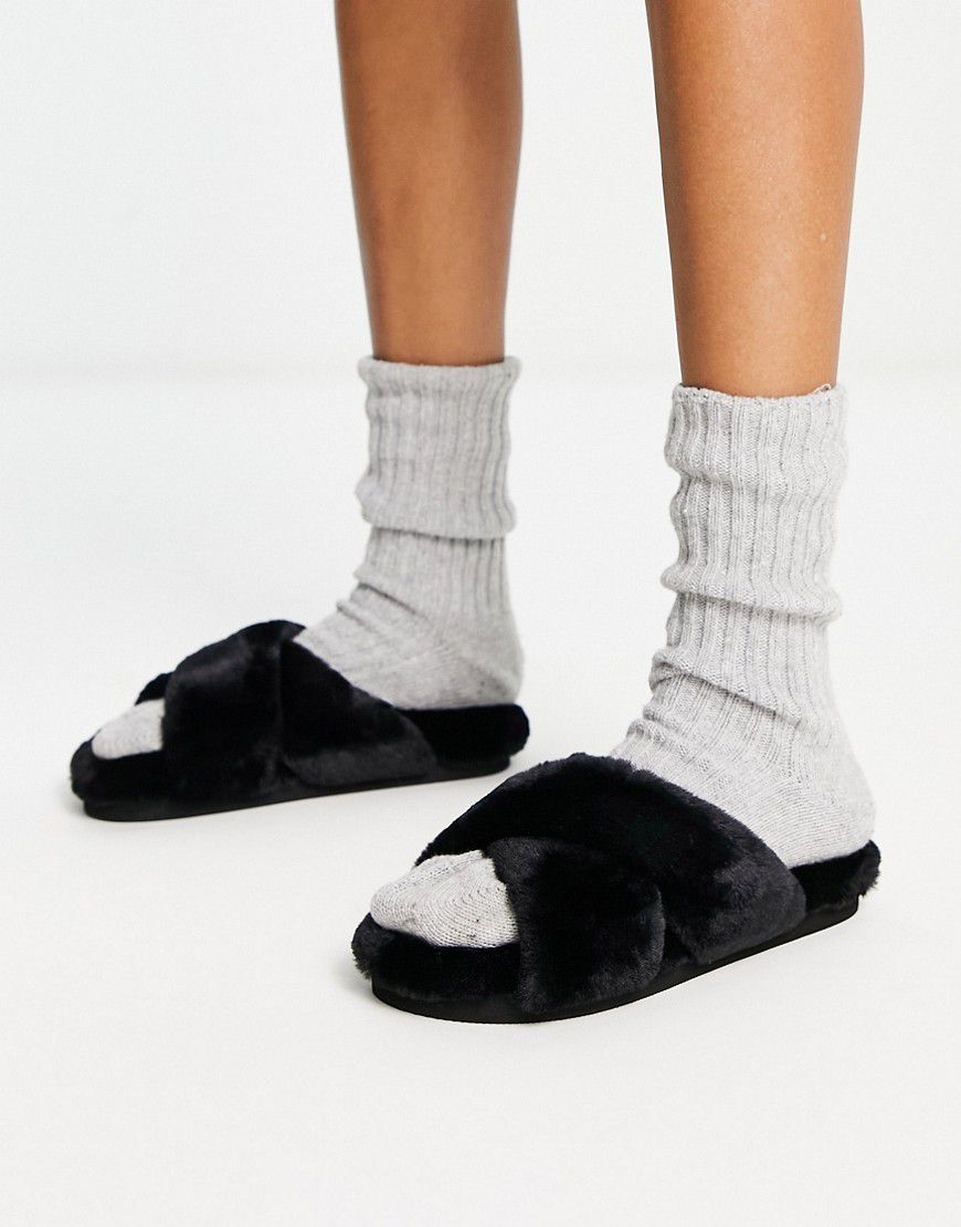Pantofole sliders incrociate nere in pelliccia sintetica - Monki - Modalova
